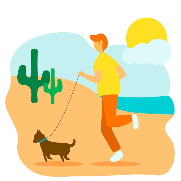 A Man Jogging With his Dog on The Beach Illustration