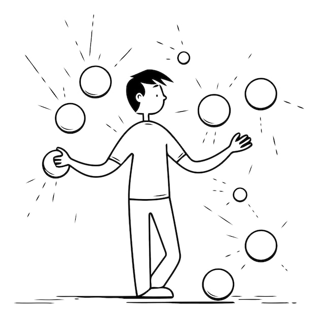 Vector man juggling balls in thin line style on white background