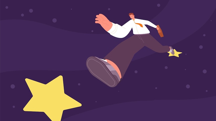 Vector man jump from star to new star business people success goals and targets succesful employee in suit career develop vector concept