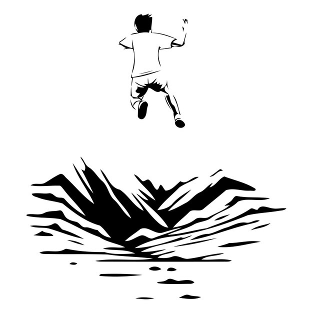 Man jumps from the mountain to the sea vector illustration in retro style