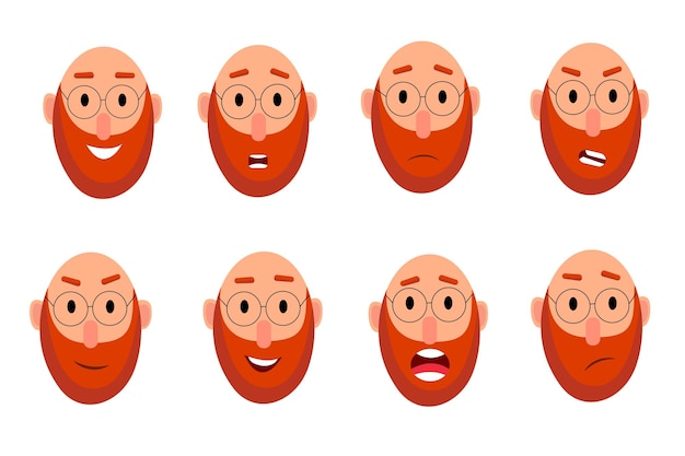 Vector man karakter met rode baard. reeks karakteremoties. vector illustratie.