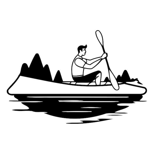 湖のカヤックに乗った男 フラットスタイルのベクトルイラスト