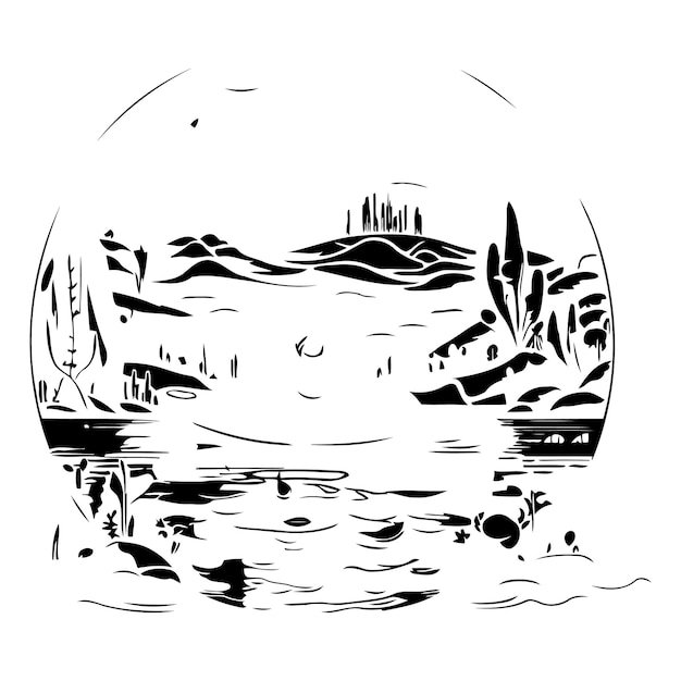 Человек в каяке на озере Вектор ручная иллюстрация