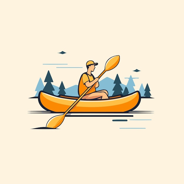 Man in a kayak on the river Flat style vector illustration