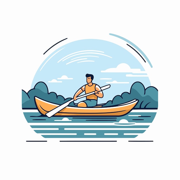 Vector man in a kayak on the river vector flat illustration