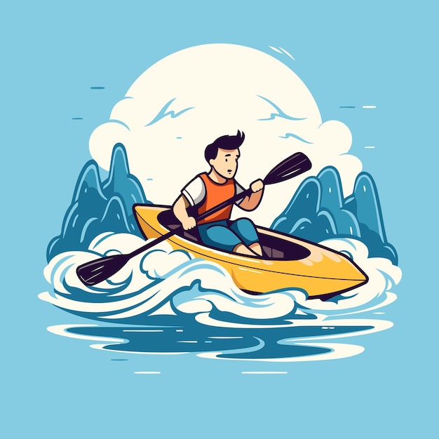 Man in a kayak on the river Vector illustration in cartoon style