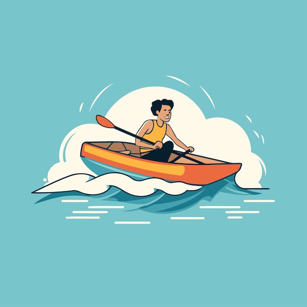 Man in a kayak on the waves Flat style vector illustration