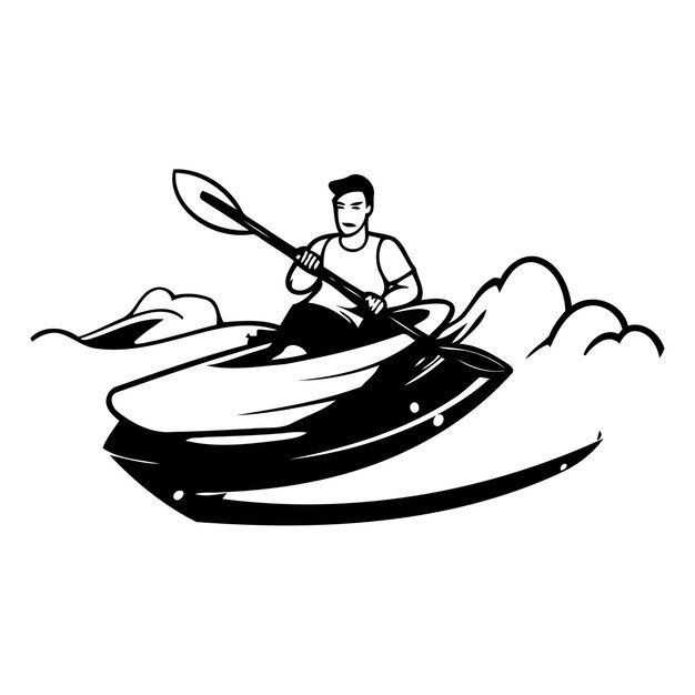 Uomo in kayak sulle onde illustrazione vettoriale in stile cartone animato