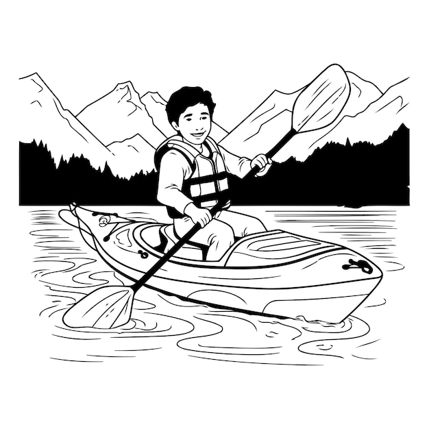 Man kayaking on the river black and white vector illustration