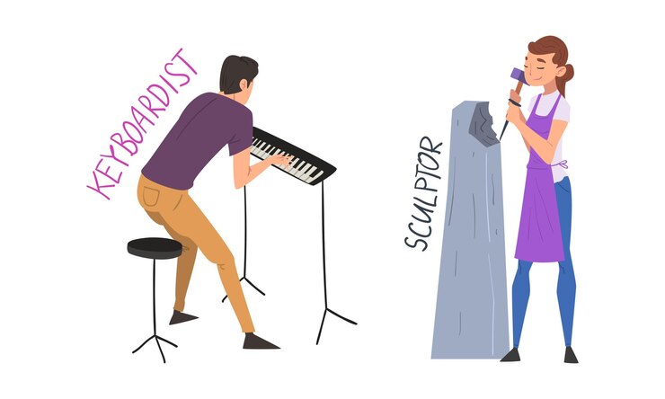 Vector man keyboardist playing keyboard and woman sculptor hammering stone having creative profession
