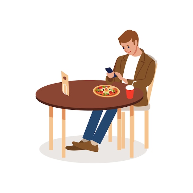 Vector man kijkt naar een smartphone aan een tafel in een pizzeria om een platte vectorillustratie te bestellen