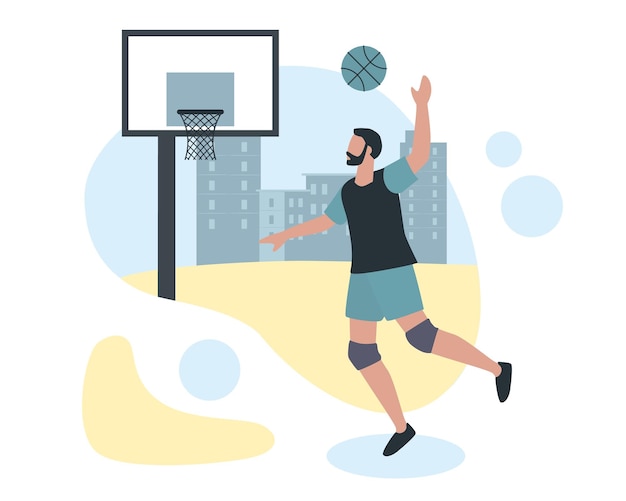 Uomo con ginocchiole gioca a basket personaggio maschile lancia la palla nel cesto giochi attivi sul campo sportivo della città allenamento regolare stile di vita sano e attivo