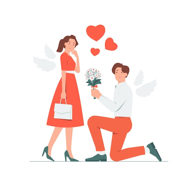 Vector man on knee proposing giving bouquet of flowers to woman on valentines day making marriage proposal fall in love concept illustration