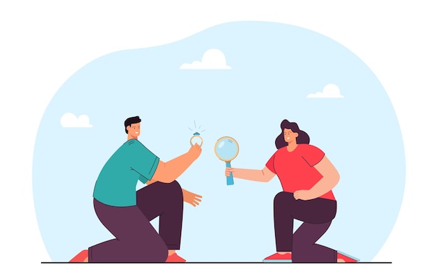 Vector man on knee proposing wedding ring to woman. girl looking through magnifying glass on gem flat vector illustration. marriage proposal, contract concept for banner, website design or landing web page