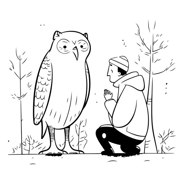Vector a man kneeling down in front of an owl and a tree