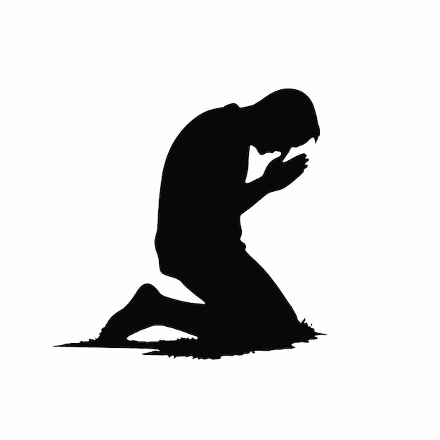 a man kneeling in front of a white background with the words  he is praying