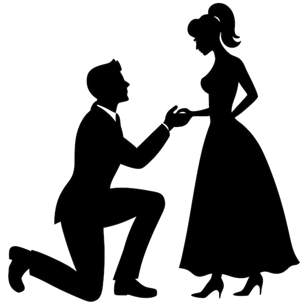 シルエットベクトルイラストで女性にプロポーズする男性がひざまずいている