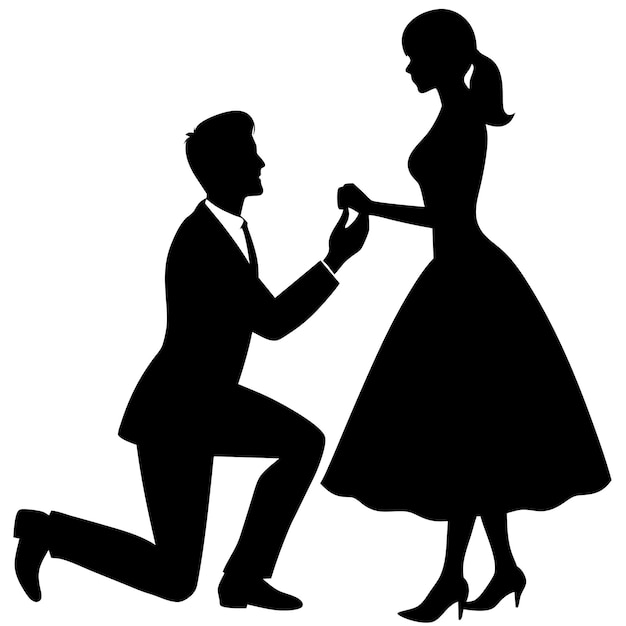 シルエットベクトルイラストで女性にプロポーズする男性がひざまずいている