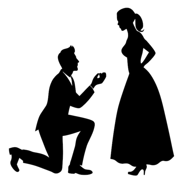 シルエットベクトルイラストで女性にプロポーズする男性がひざまずいている