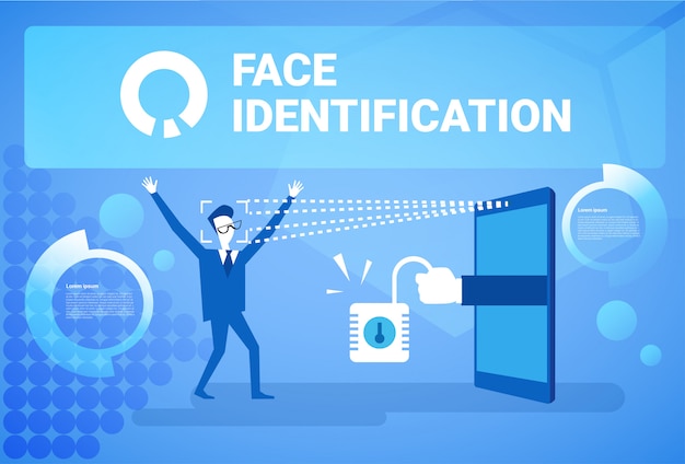 Man krijgt toegang na gezichtsidentificatie scannen van moderne biometrische technologie herkenning systeemconcept