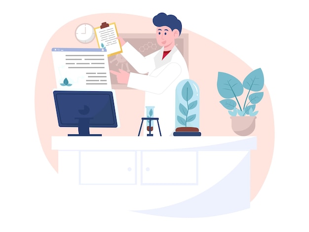 Vector a man in a lab coat is holding a document in front of a monitor and a clock illustration