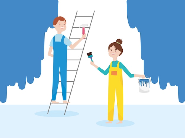 Vector man on ladder with hammer and girl with paint brush and bucket  illustration remodeling