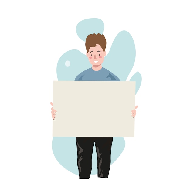 Man lady carrying a blank placard with a place for text  on white background. man shows a sheet with the contract. illustration in cartoon