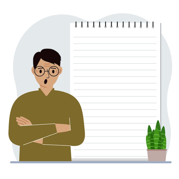 A man next to a large notepad or large notebook The concept of filling a notebook or notepad writing notes time management planning