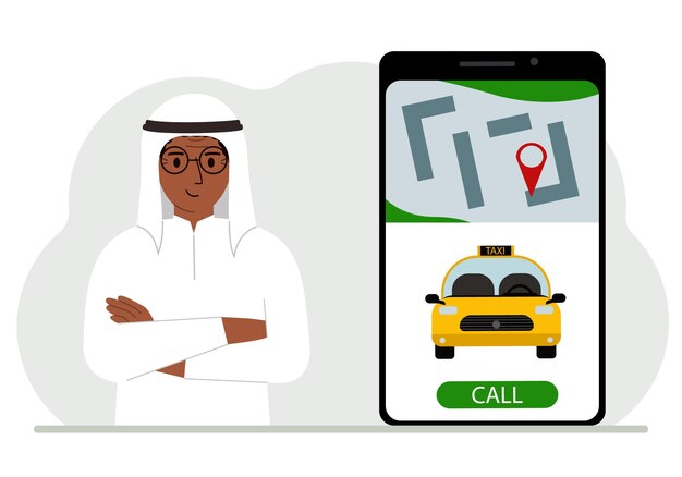 택시 및 지리적 위치 정보가 있는 화면의 대형 스마트폰 옆에 있는 남자 모바일 택시 응용 프로그램의 개념 또는 온라인으로 택시 주문