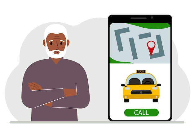 Vector a man next to a large smartphone on the screen which has a taxi and geolocation the concept of a mobile taxi application or ordering a taxi online