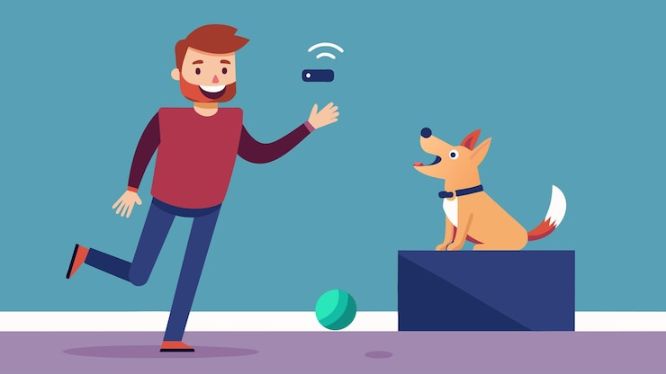 Vector a man laughing as he watches his dog excitedly jump and bark at a remotecontrolled ball controlled