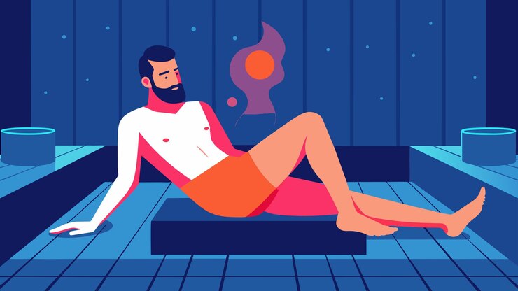 Vector a man lays back in the sauna his legs stretched out in front of him as the infrared light helps to