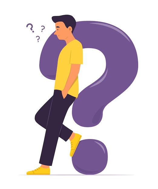 Man Leaning Against Big Question Mark and Thinking Question Concept Illustration