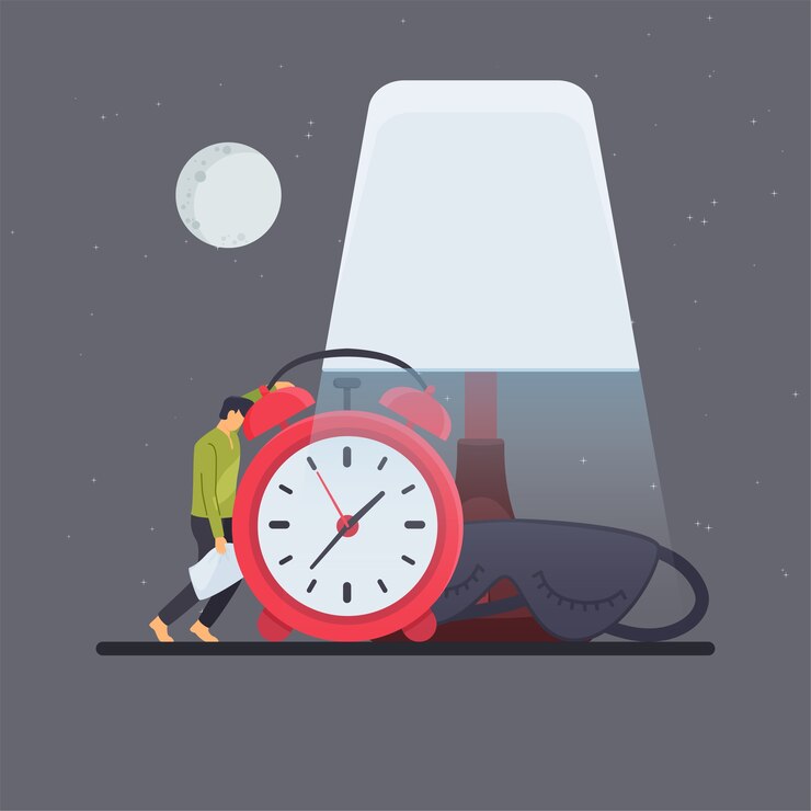 Vector man leaning on the alarm under desk lamp in the midnight metaphor of insomnia.