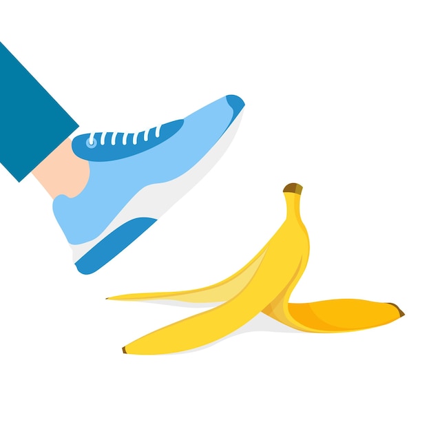 Мужская нога наступает на банановую кожуру нога скользит векторная иллюстрация в модном плоском стиле изолирована