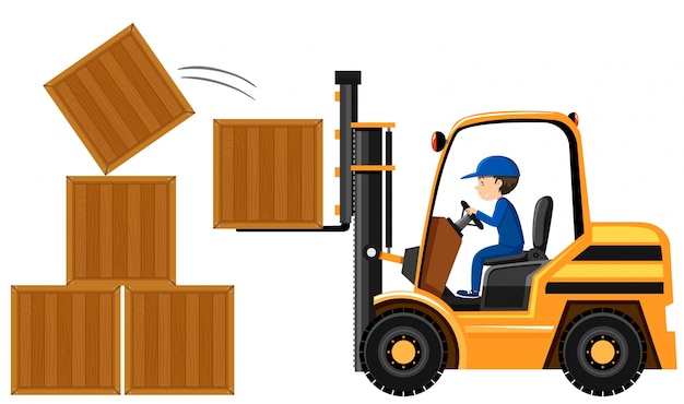 Vector man lifting wooden boxes with forklift