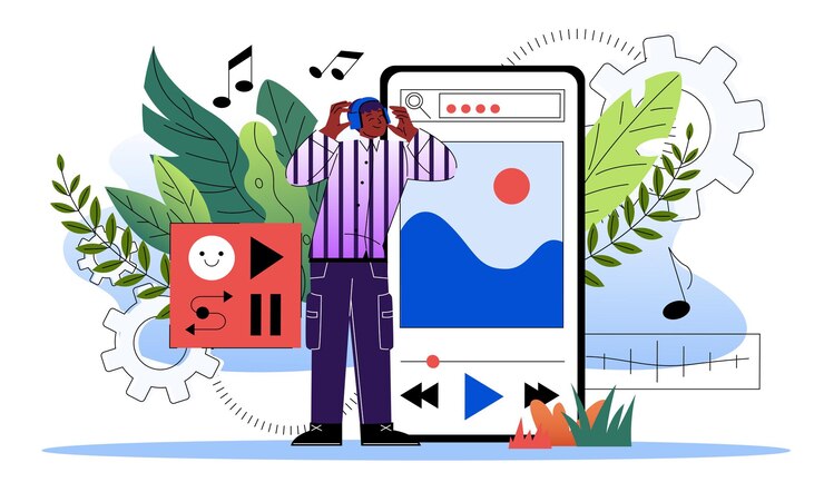 Vector man listening to audio guide young guy wearing headphones near huge smartphone remote education and