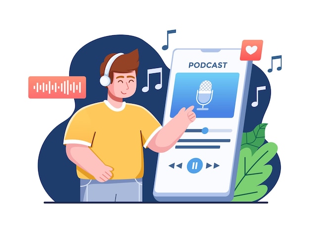 ヘッドフォンでスマートフォンでオーディオポッドキャストを聞いている男性。オンライン ラジオ ストリーミングのコンセプト。