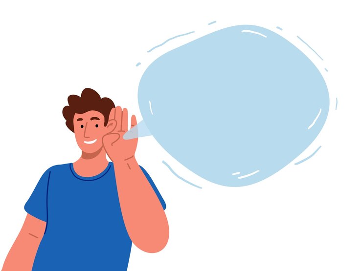Вектор человек, слушающий содержание в пустой речи bubblevector плоской иллюстрации