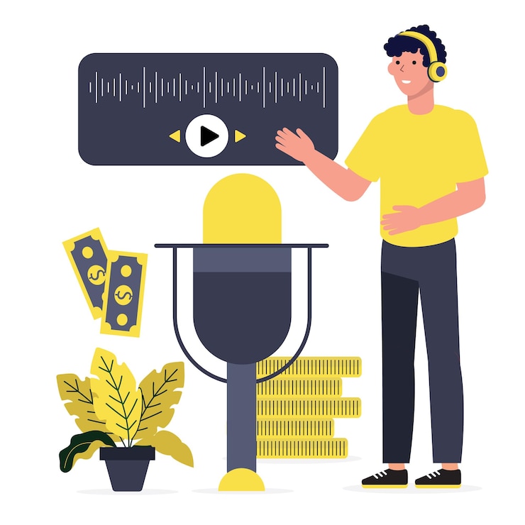 Vector man listening podcast