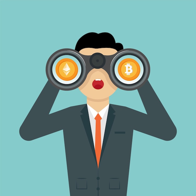 Man looking at crypto through binoculars