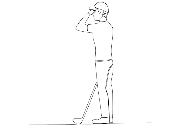 A man looking at his golf shot one line art