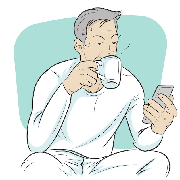 Uomo che guarda lo smartphone mentre beve il caffè