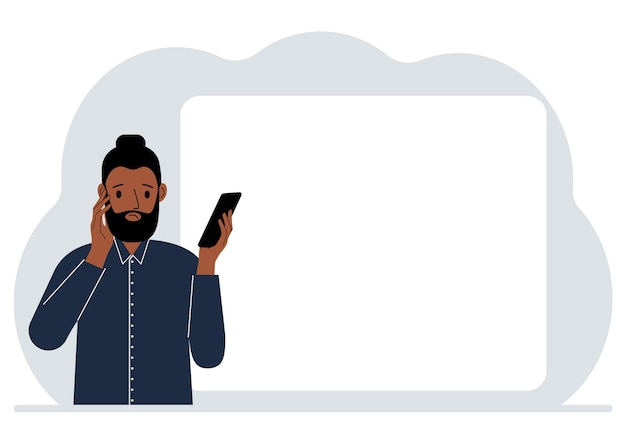 Vector a man looks at a mobile phone reads sms news or social networks large white sheet for text vector flat illustration