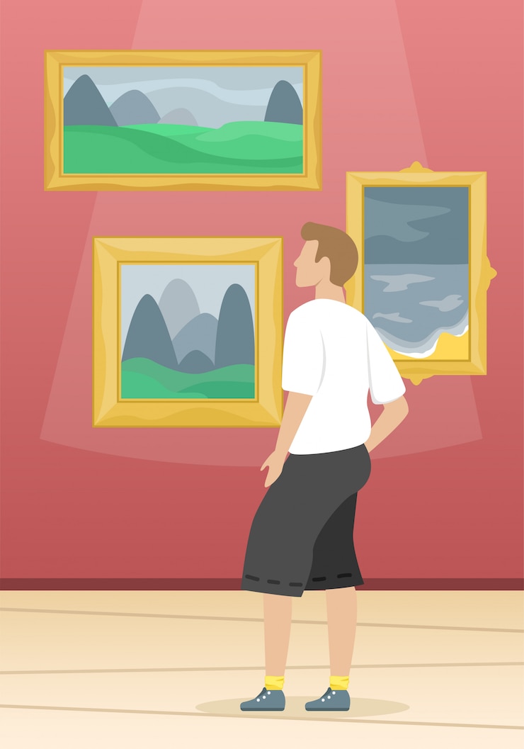Vector a man looks the paintings of famous artists. fine arts museum. classical art.