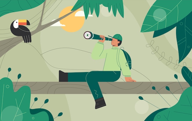 man looks at the toucan bird through binoculars