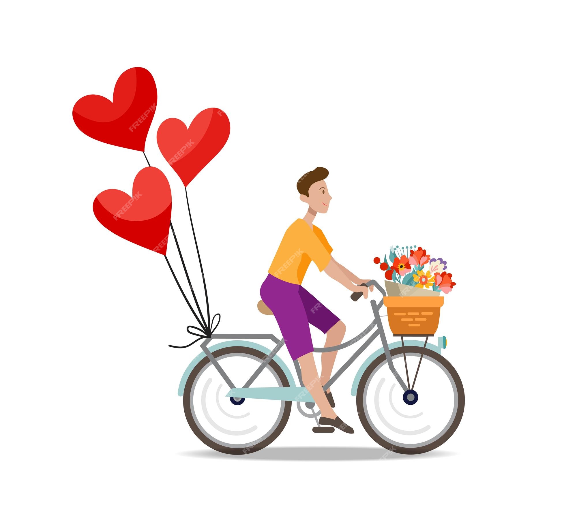 Happy valentines love story concept of a romantic couple against chalk  drawings background. Male riding his girlfriend in a front bicycle basket  Stock Photo - Alamy