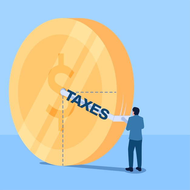 Вектор Человек снижает налоговую меру в больших монетах метафора для снижения налогов простая плоская концептуальная иллюстрация