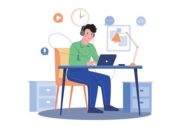 Man luistert naar de podcast terwijl hij werkt