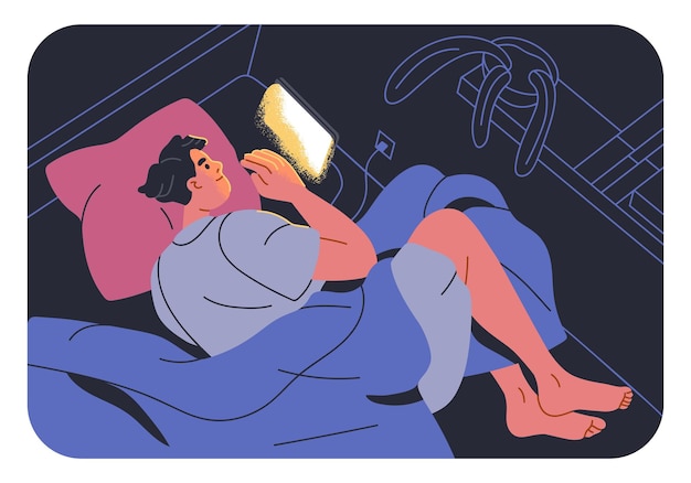 밤 늦게 침대에 누워 디지털 기기 기기에서 온라인 영화를보고있는 남자 저녁 여가 휴식 잠자리에 들기 전에 태블릿 PC와 함께 휴식 시간 평평한 터 일러스트